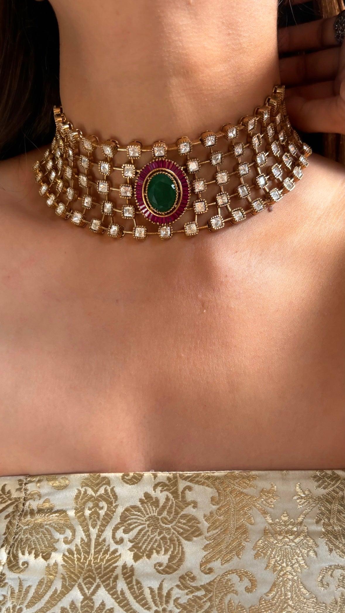 Bridal Asia inspired Moissanite ruby & Emerald choker necklace set