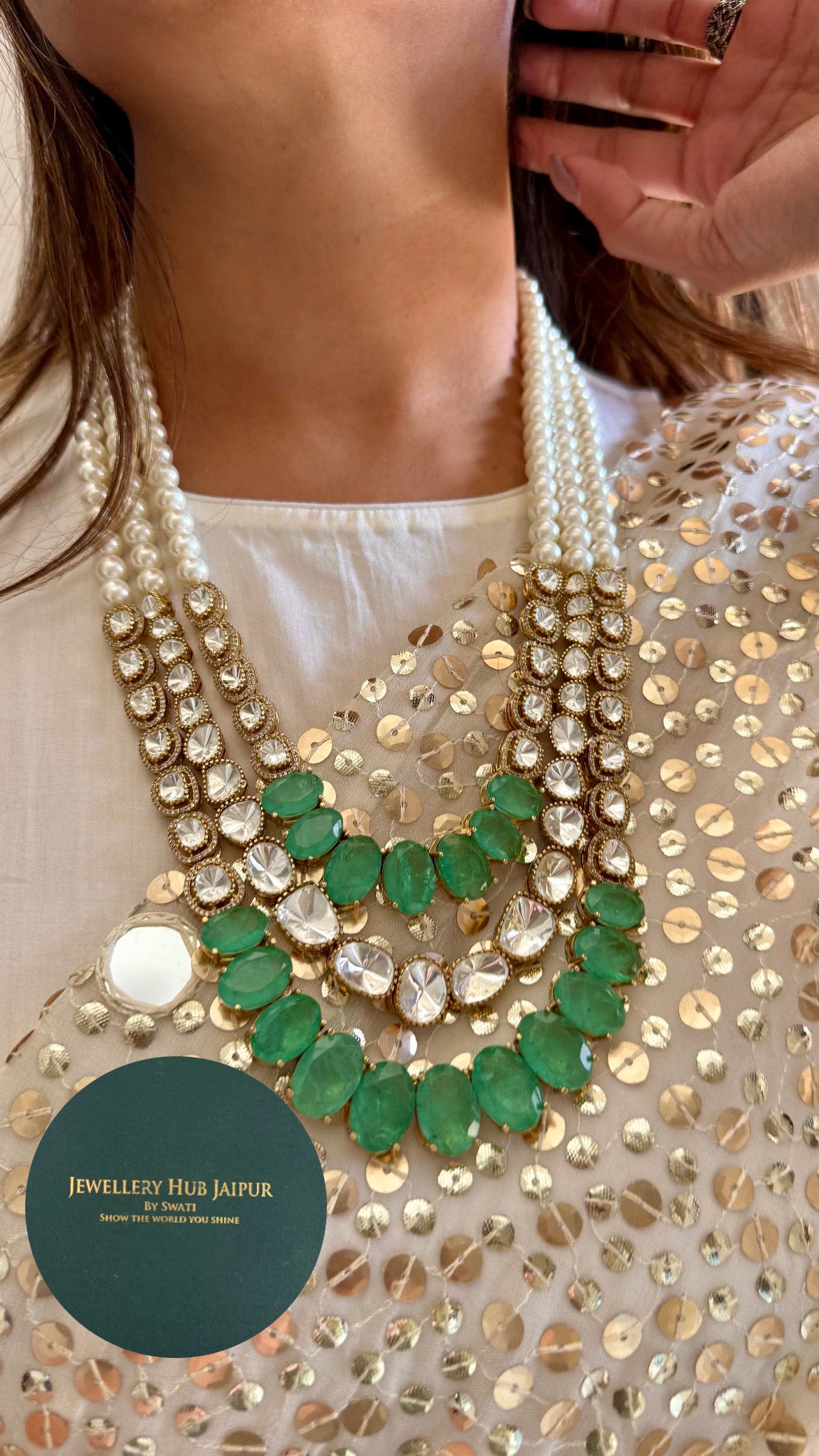 Mint three layered moissanite polki thread maharani haar