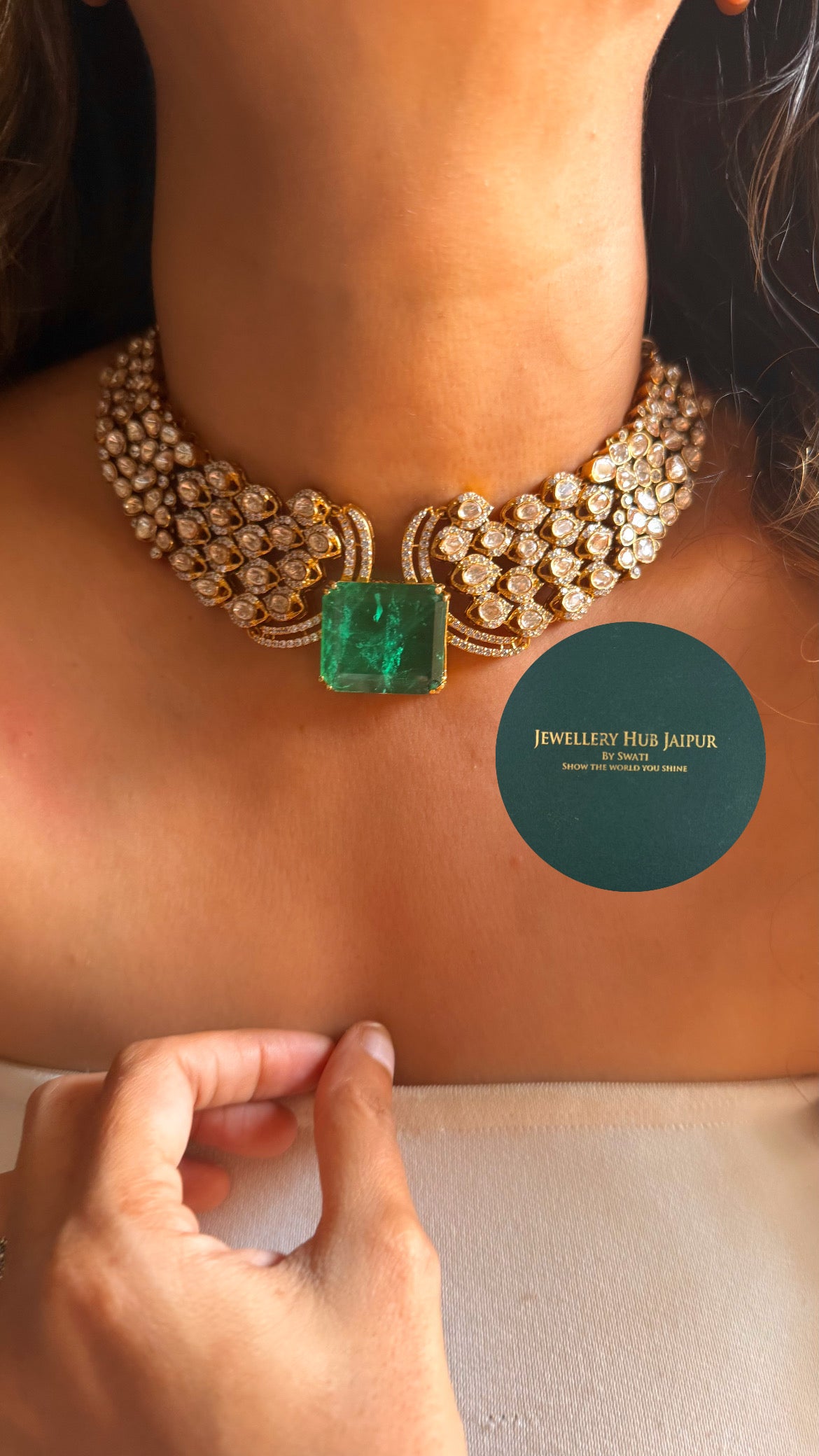 Emerald doublet & moissanite uncut polki choker set