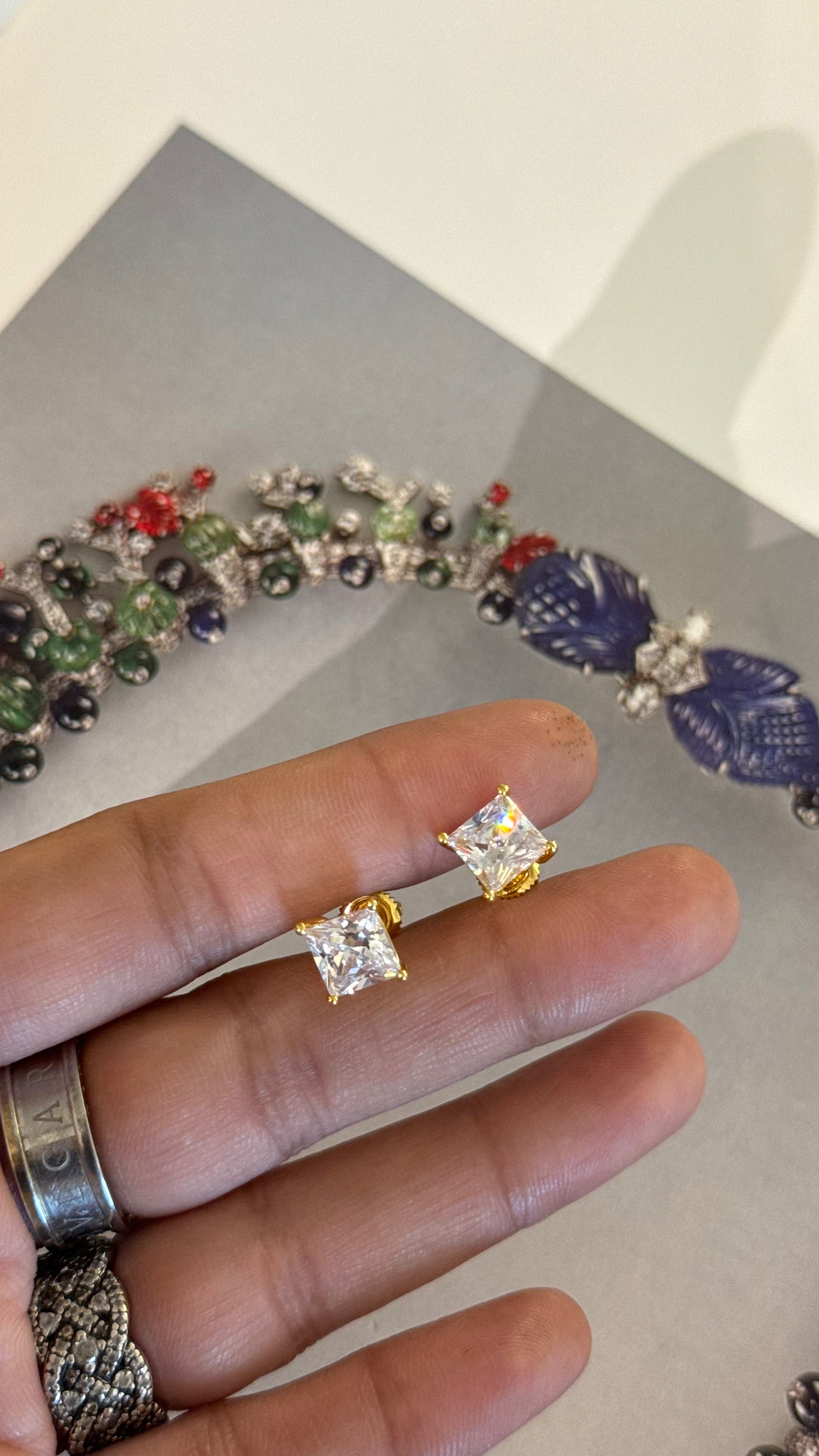 Emerald cut diamond studs ( Gold plated)