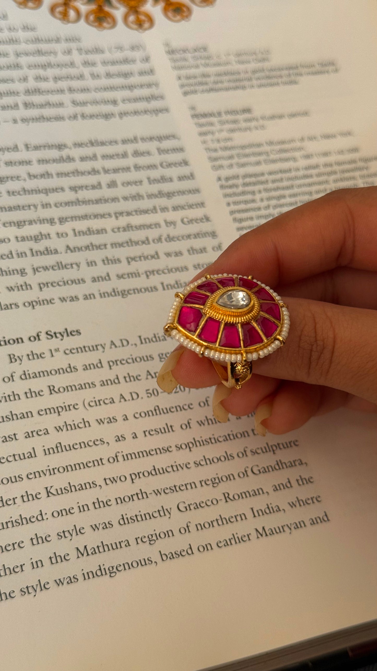 Rani pink tera drop shape paachi kundan heritage ring