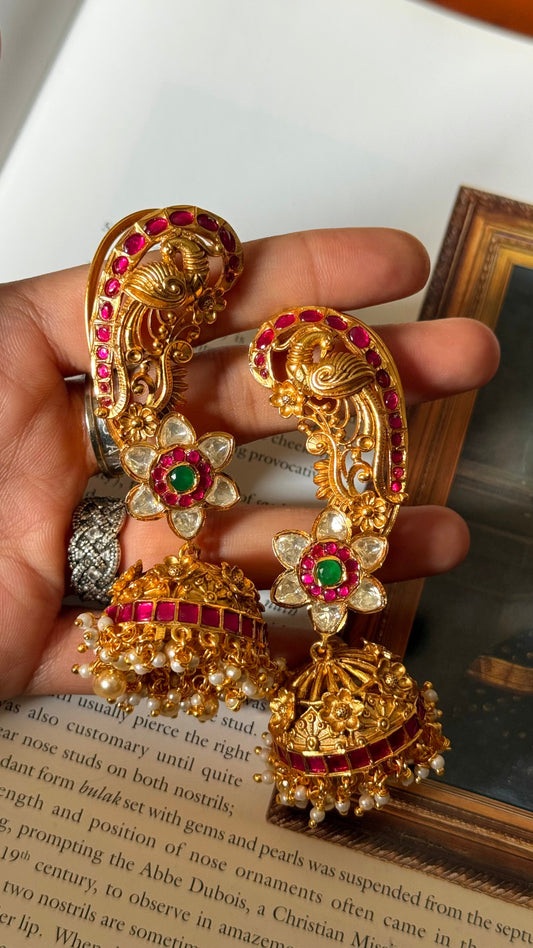 Peacock inspired with emerald & Rani pink gold earcuff earrings