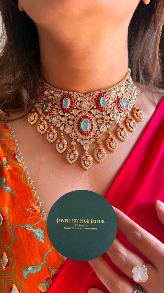 Mint & Rani pink gold polki  bridal choker