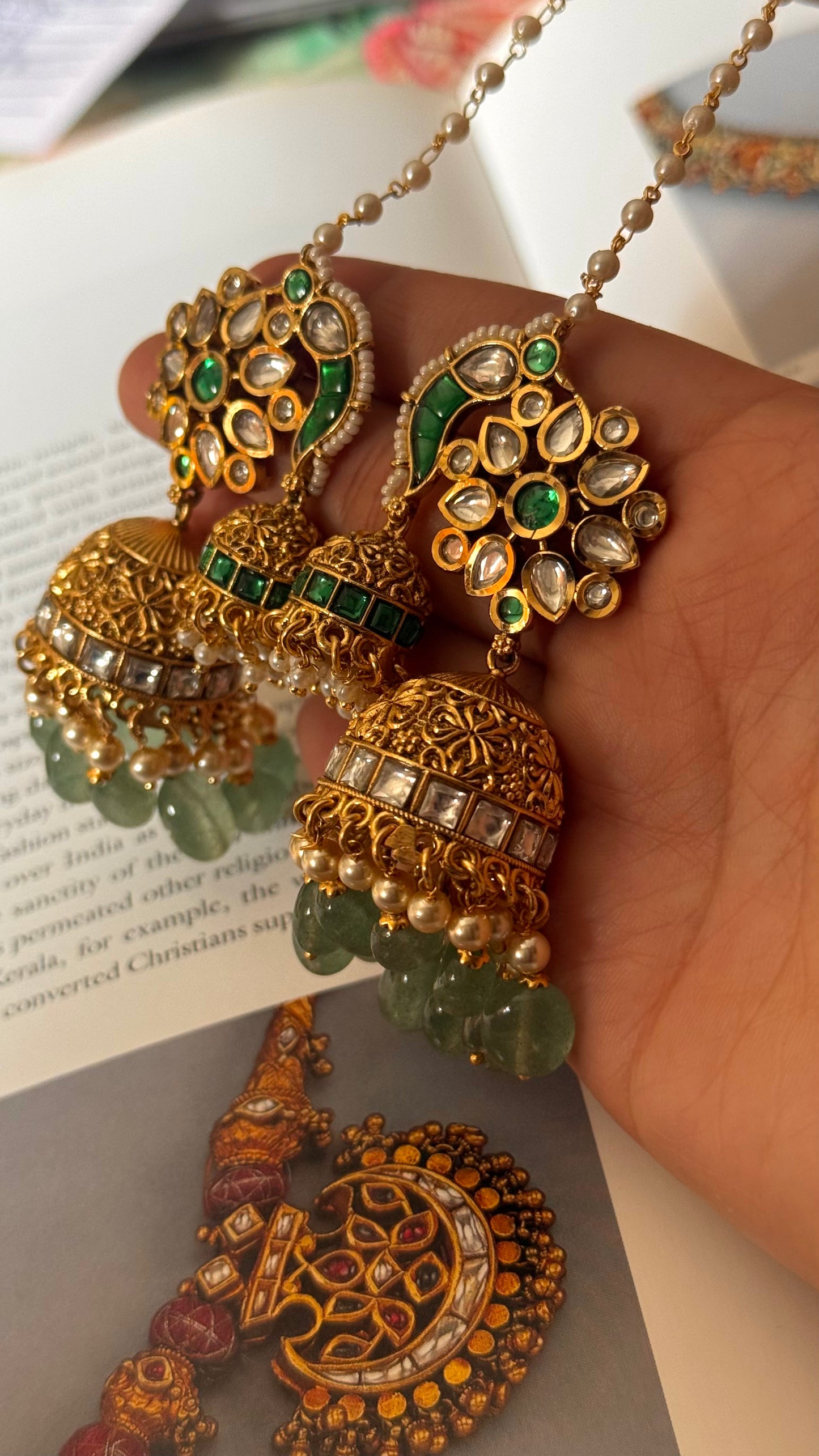 Emerald  & mint rajwada jhumki with ear chain