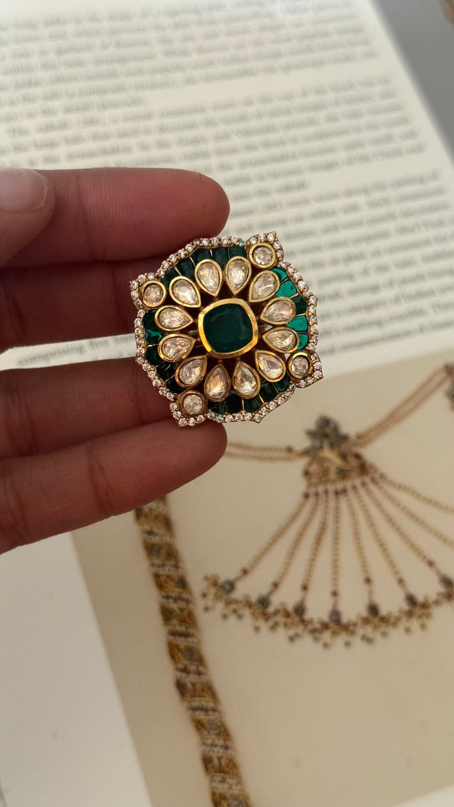 Emerald moissanite gold Victorian ring