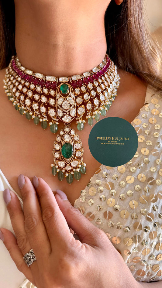 Gulaal Emerald doublet ruby moissanite polki mint drop necklace set