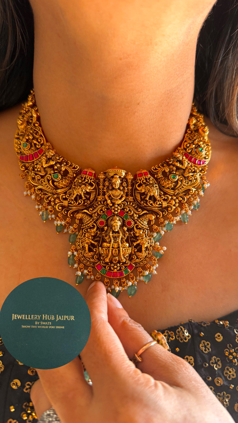Dual goddess Laxmi ruby temple necklace