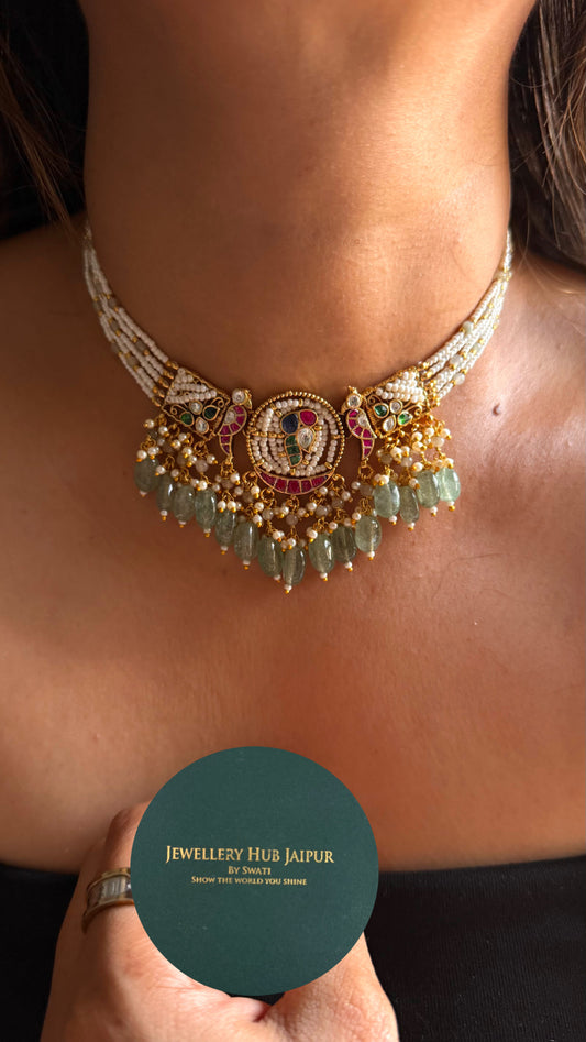 Paachi kundan choker with mint strawberry detailing