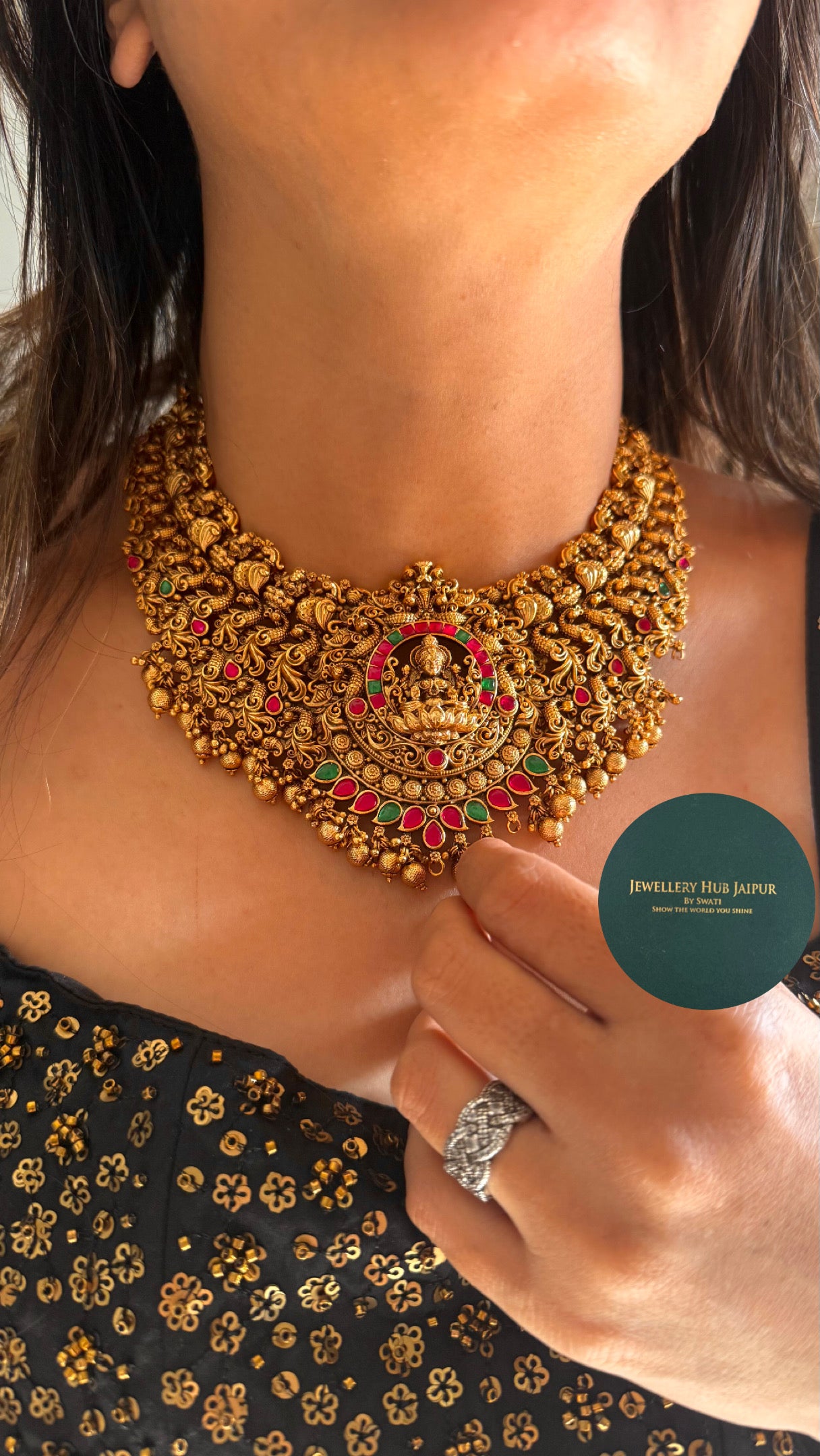 Goddess Laxmi Rani pink ruby temple paachi kundan necklace set