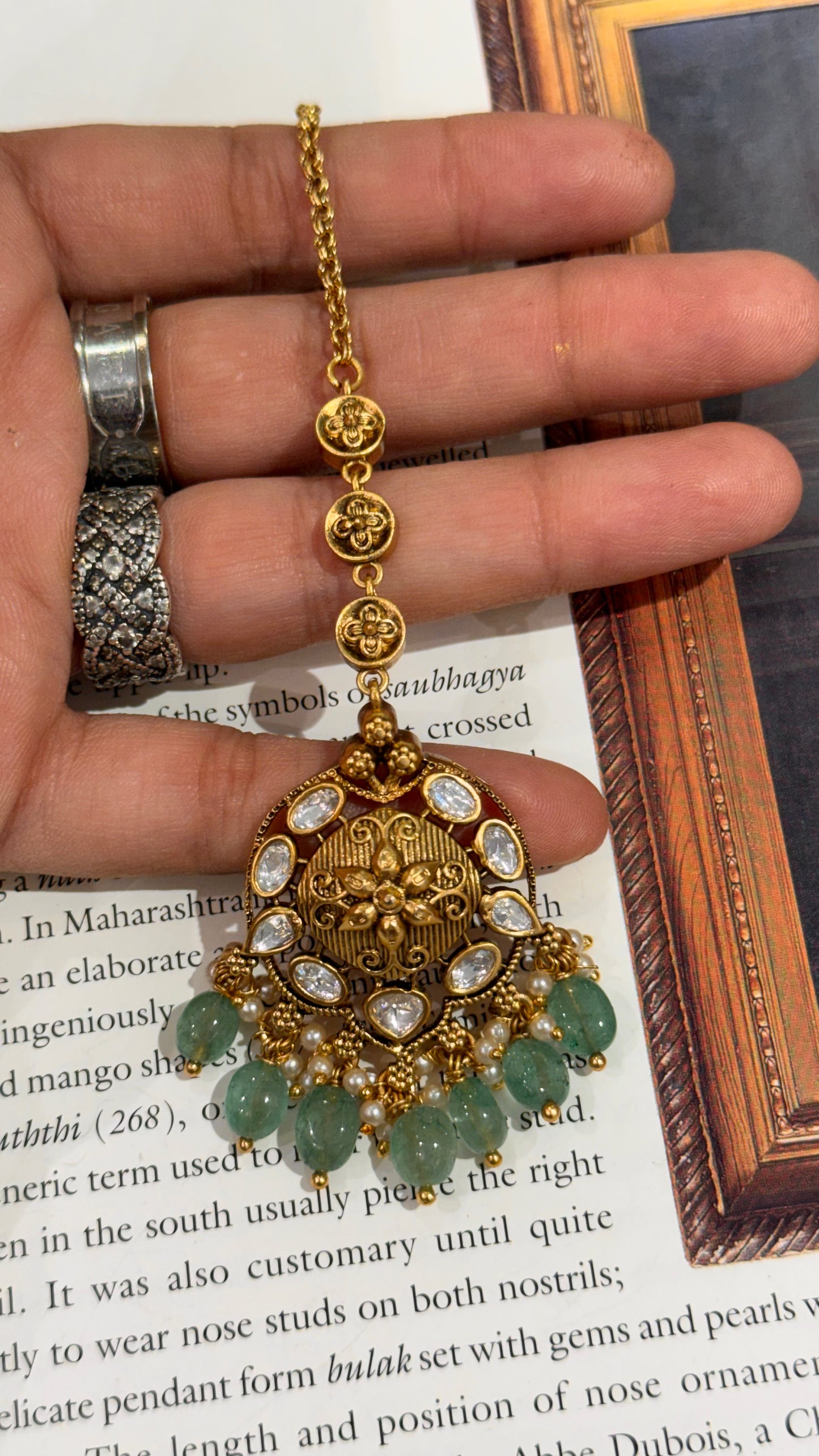 Oxidised gold Victorian polki mangtika with mint drop detailing