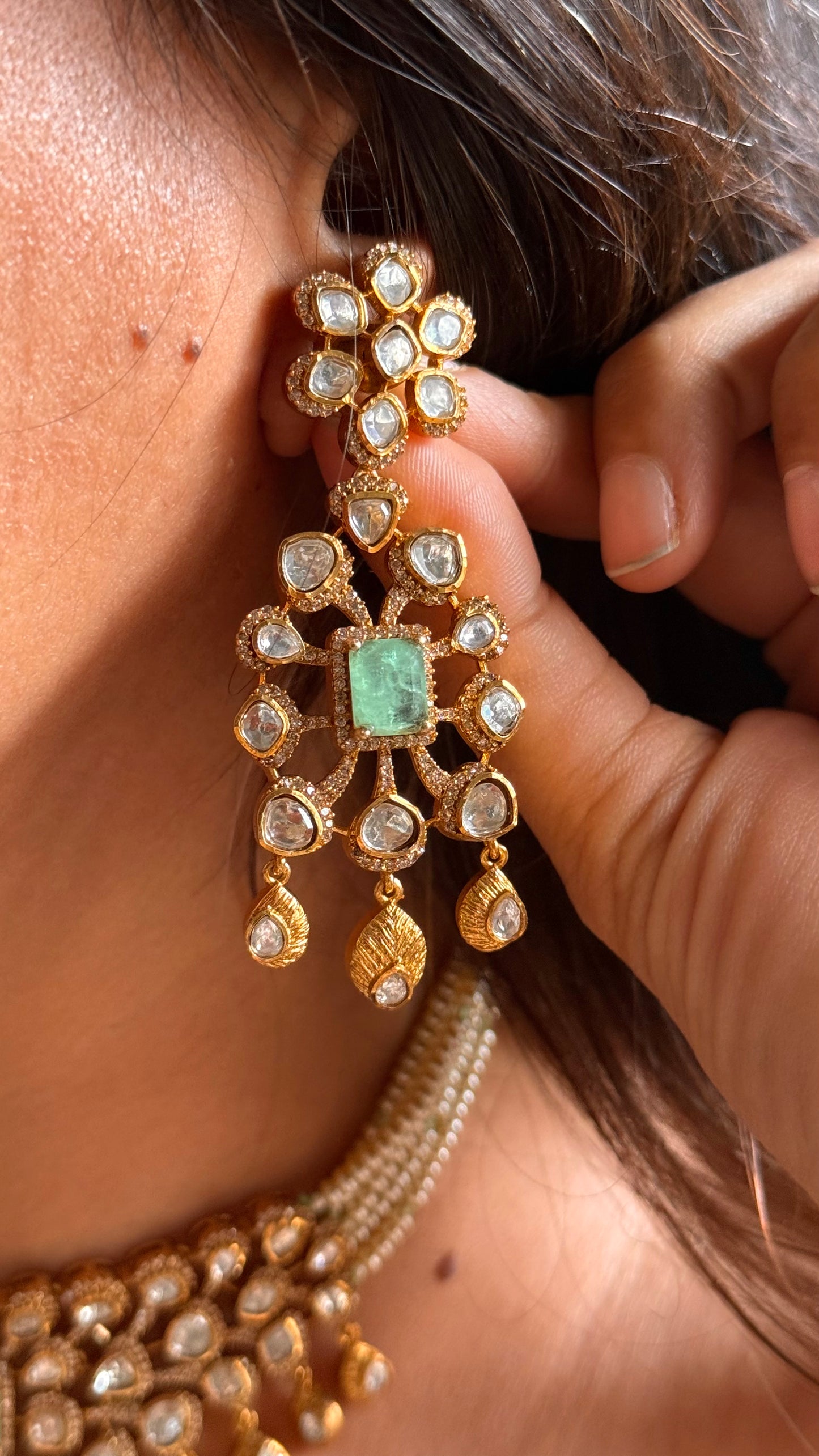 Mint doublet with moissanite polki gold polish Necklace