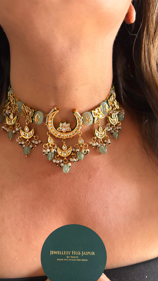 Mint inlay half moon meenakari with mint drops choker Necklace