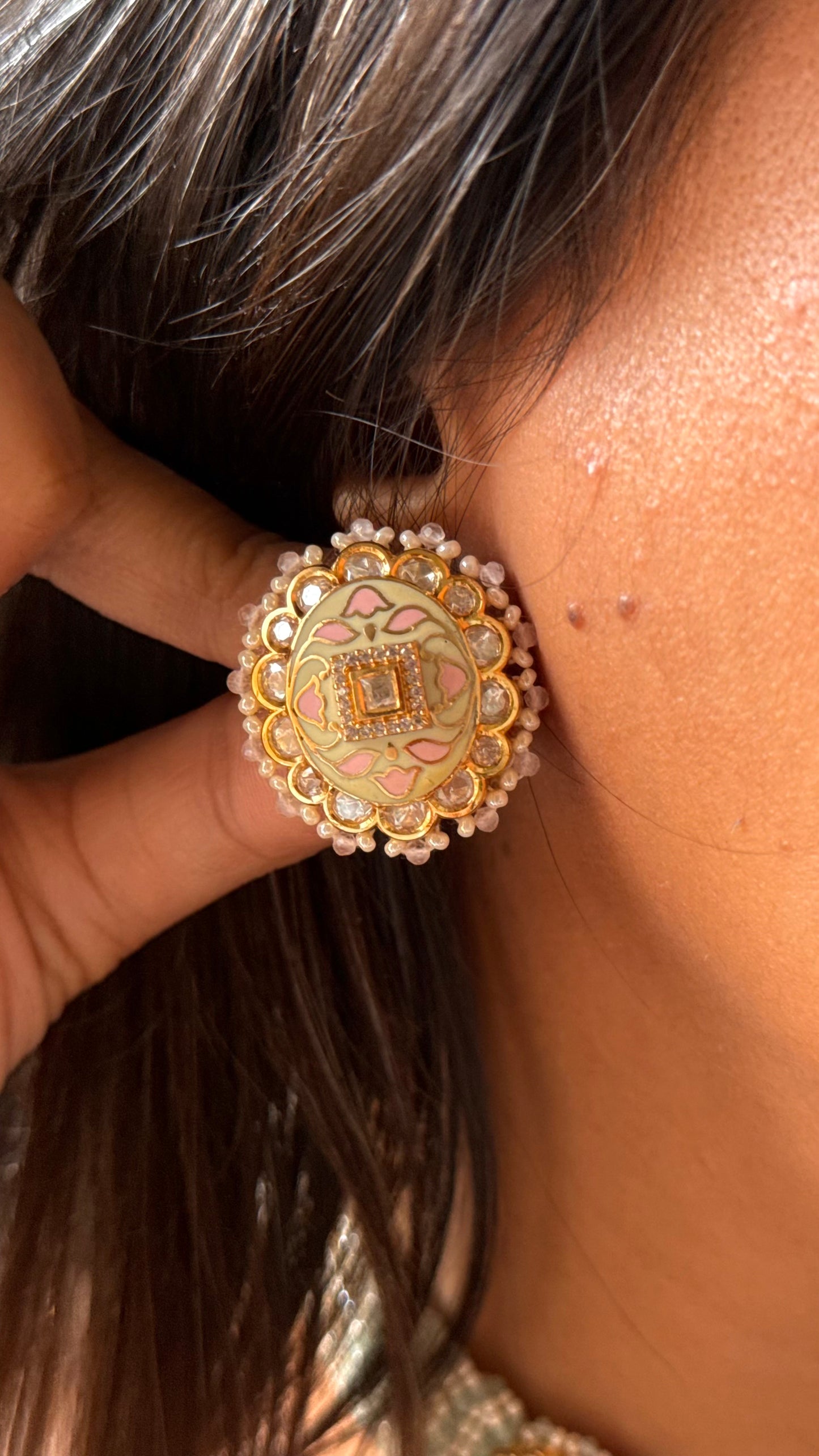 Rose quartz & mint meenakari heritage choker