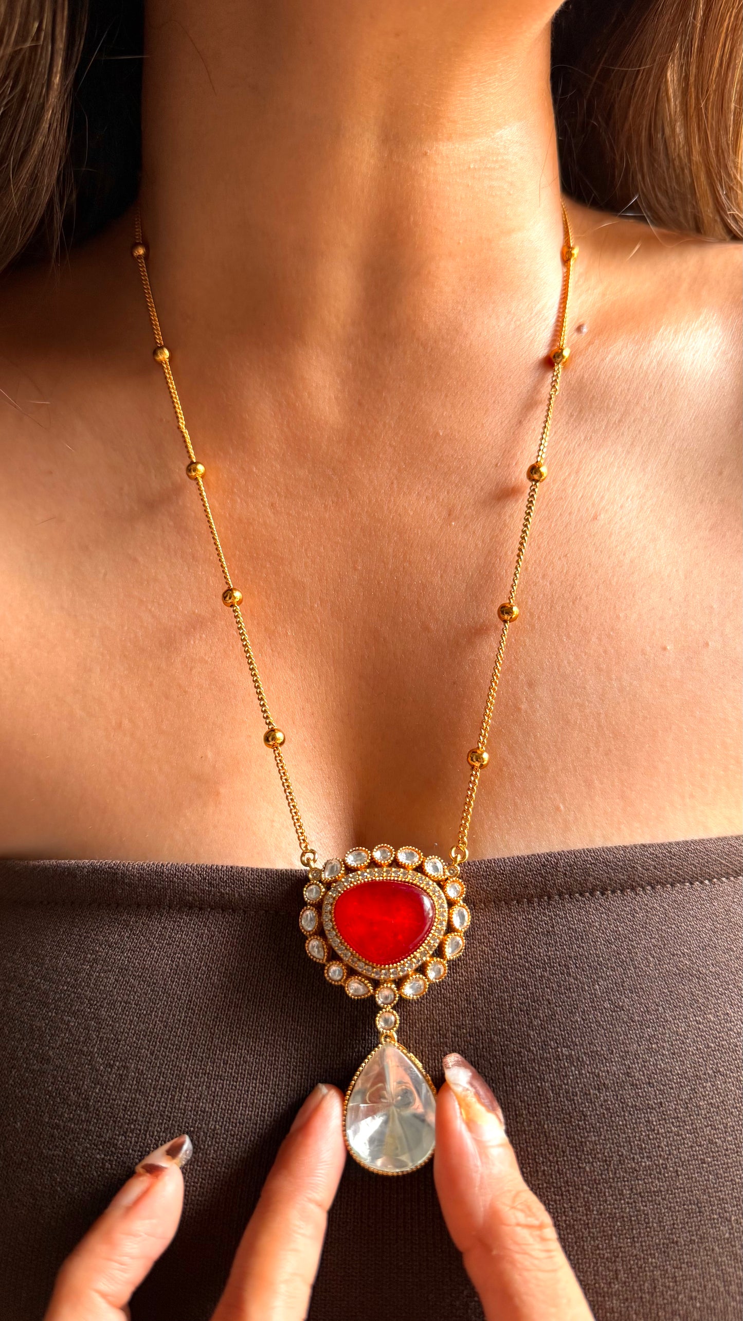 Ruby doublet moissanite uncut polki pendant set