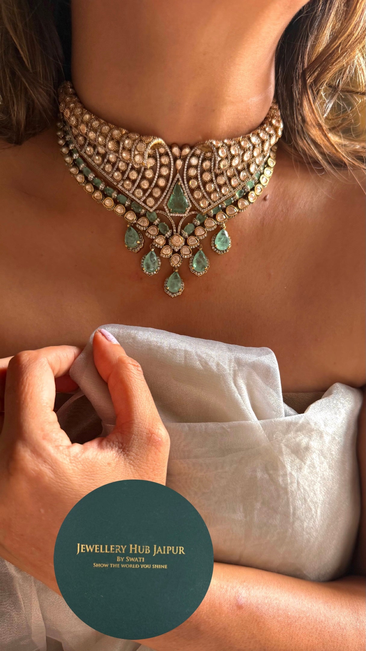 Mint doublet with peeli polki Moissanite combo necklace