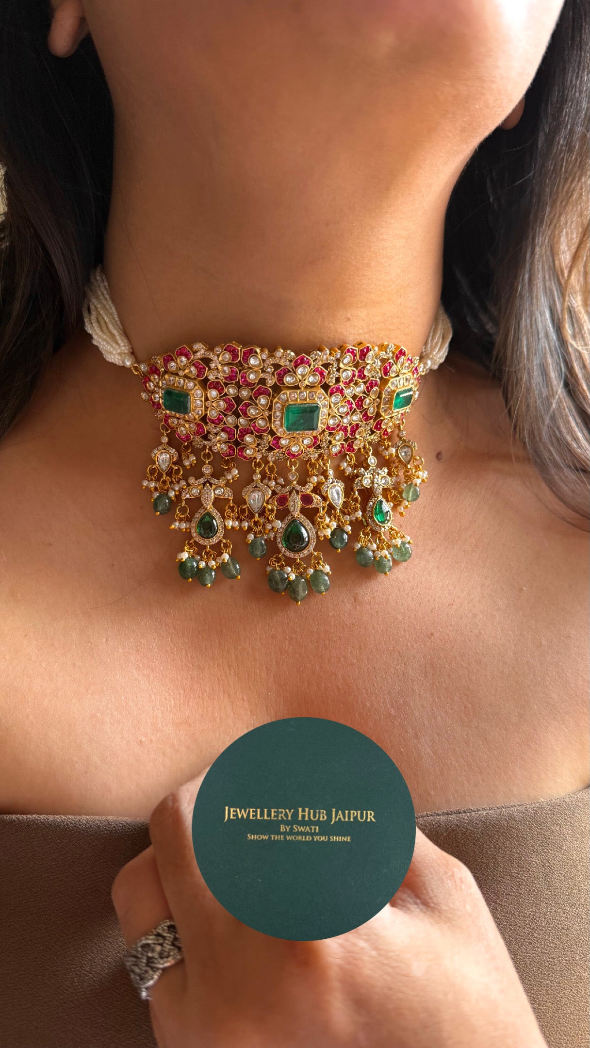 Paachi Kundan Rani pink ruby with emerald thread choker necklace