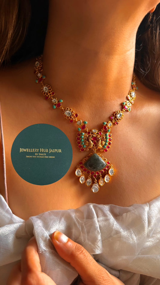 Amrapali inspired Natural stone Firoza & rani pink with real stone set