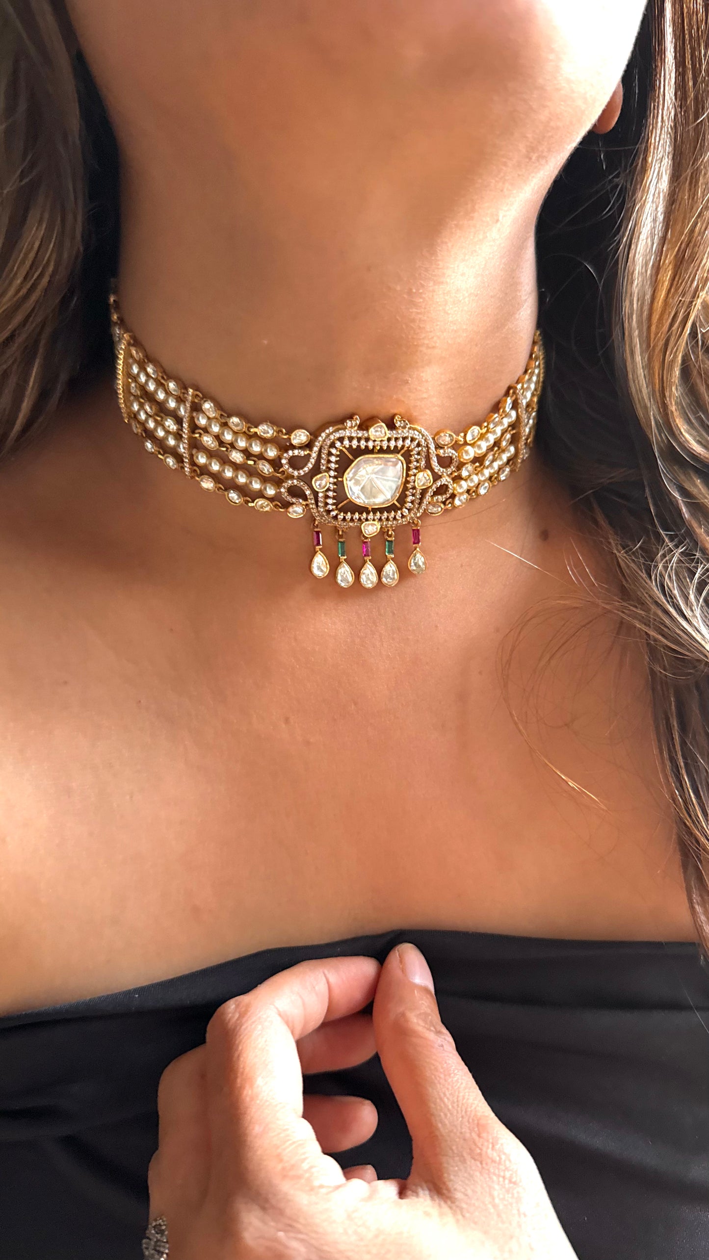 Pearl & Moissanite Uncut LV Polki choker