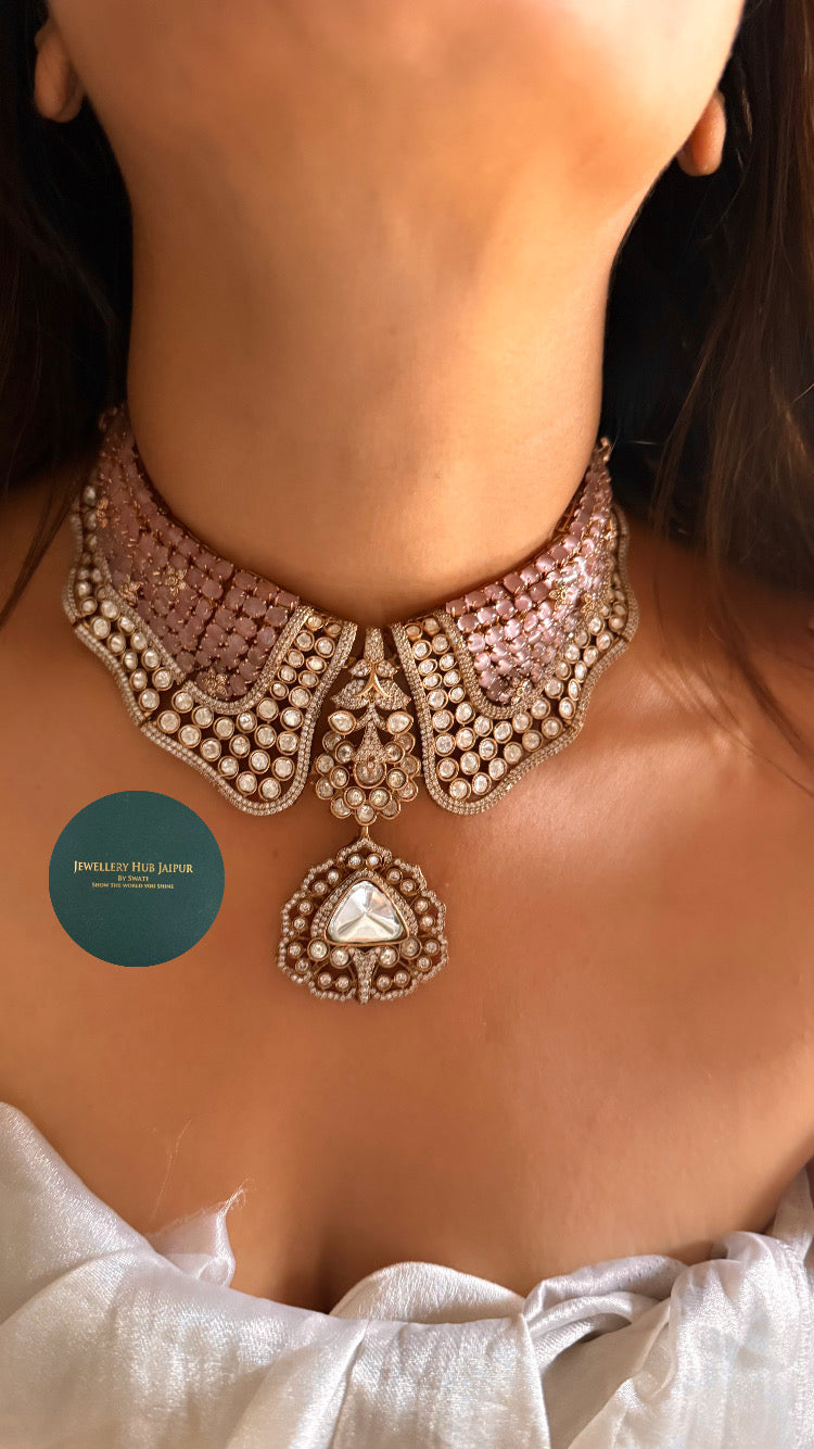 Rose quartz & moissanite polki designer choker set