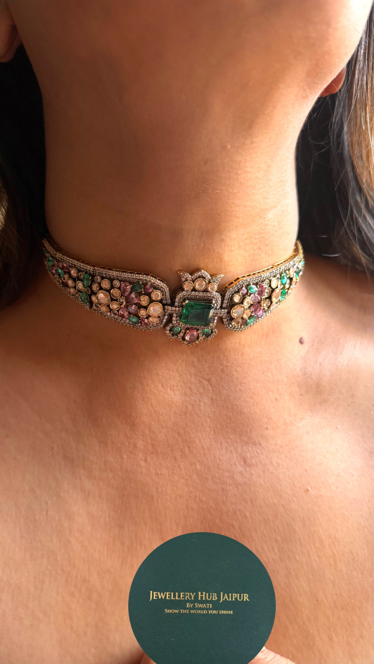 Real Swarovski Multicoloured & emerald doublet polki choker