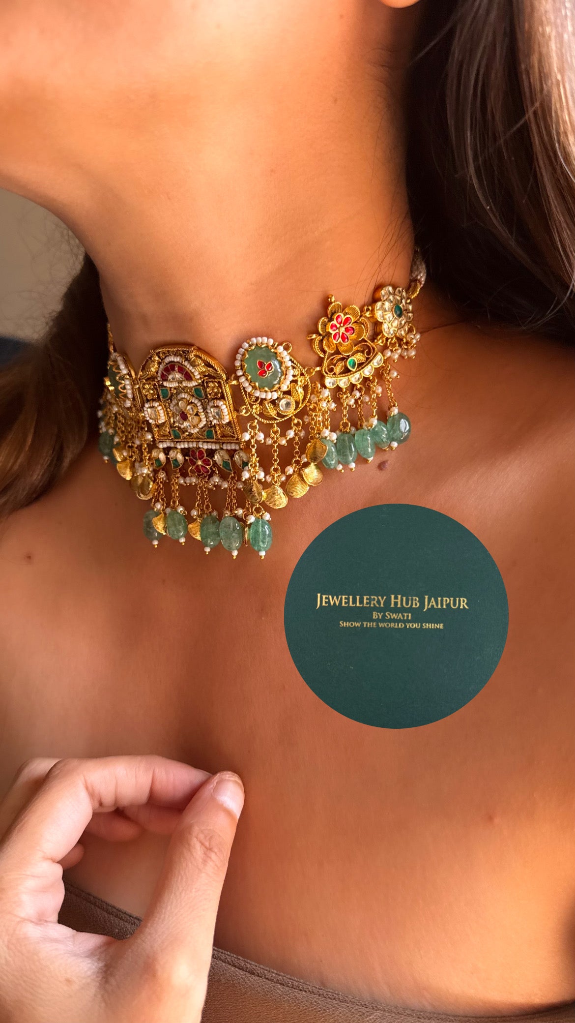 Heritage Mint inlay work & rani pink floral with mint drop royal  rajwada choker set