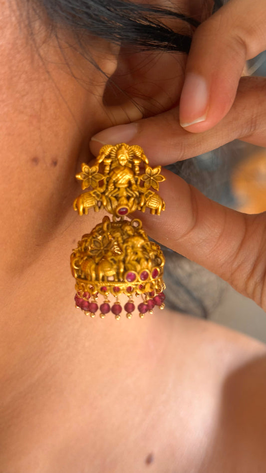 Goddess Laxmi Rani pink ruby temple Jhumka with pink drops
