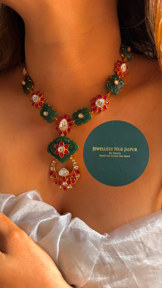 Amrapali inspired Natural stone Emerald with rani pink floral inlay collar set