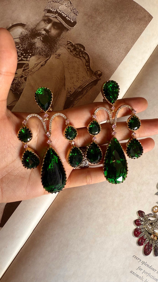 Sabhyasachi inspired emerald & rose quartz danglers