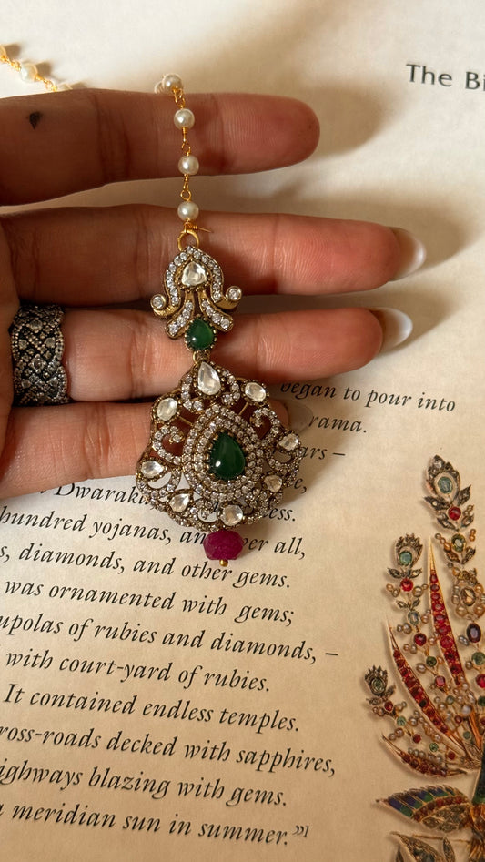 Emerald Moissanite & ruby maangtika