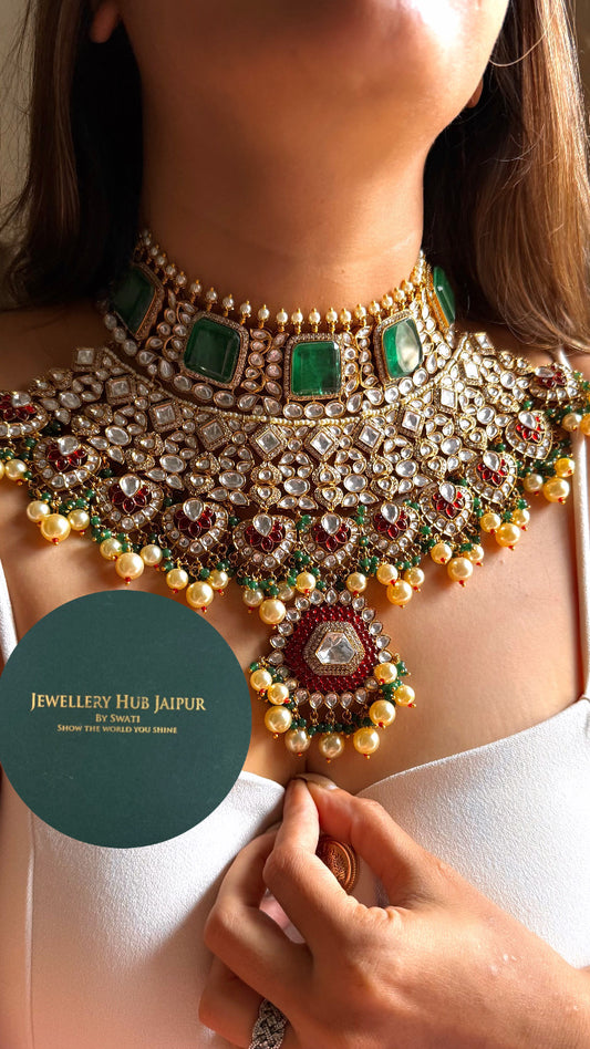 Emerald doublet & ruby moissanite bridal set