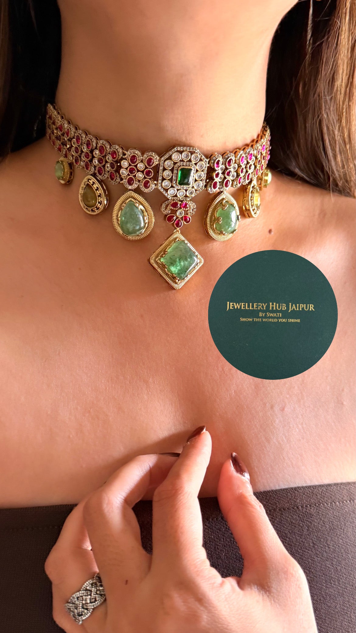 Vanya Mint doublet and rani pink moissanite choker set