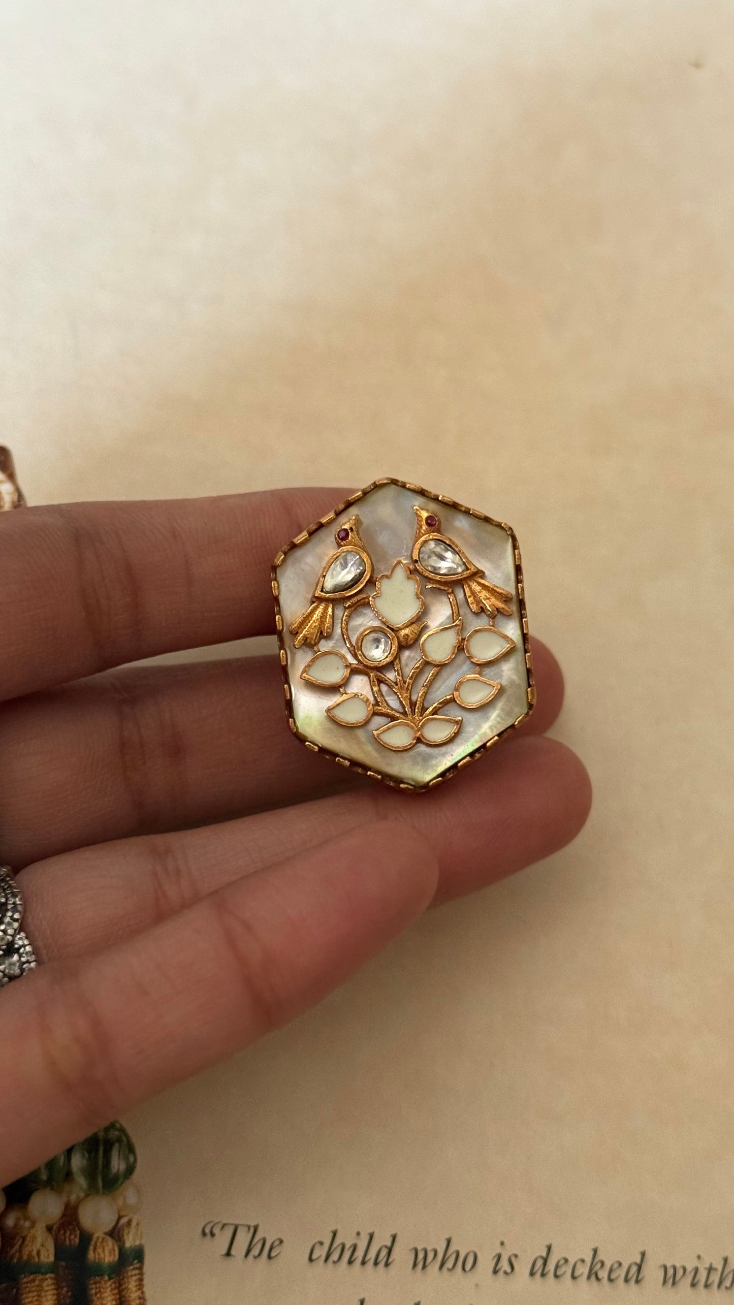 Amrapali inspired mother of pearl with peacock inlay adjustable ring