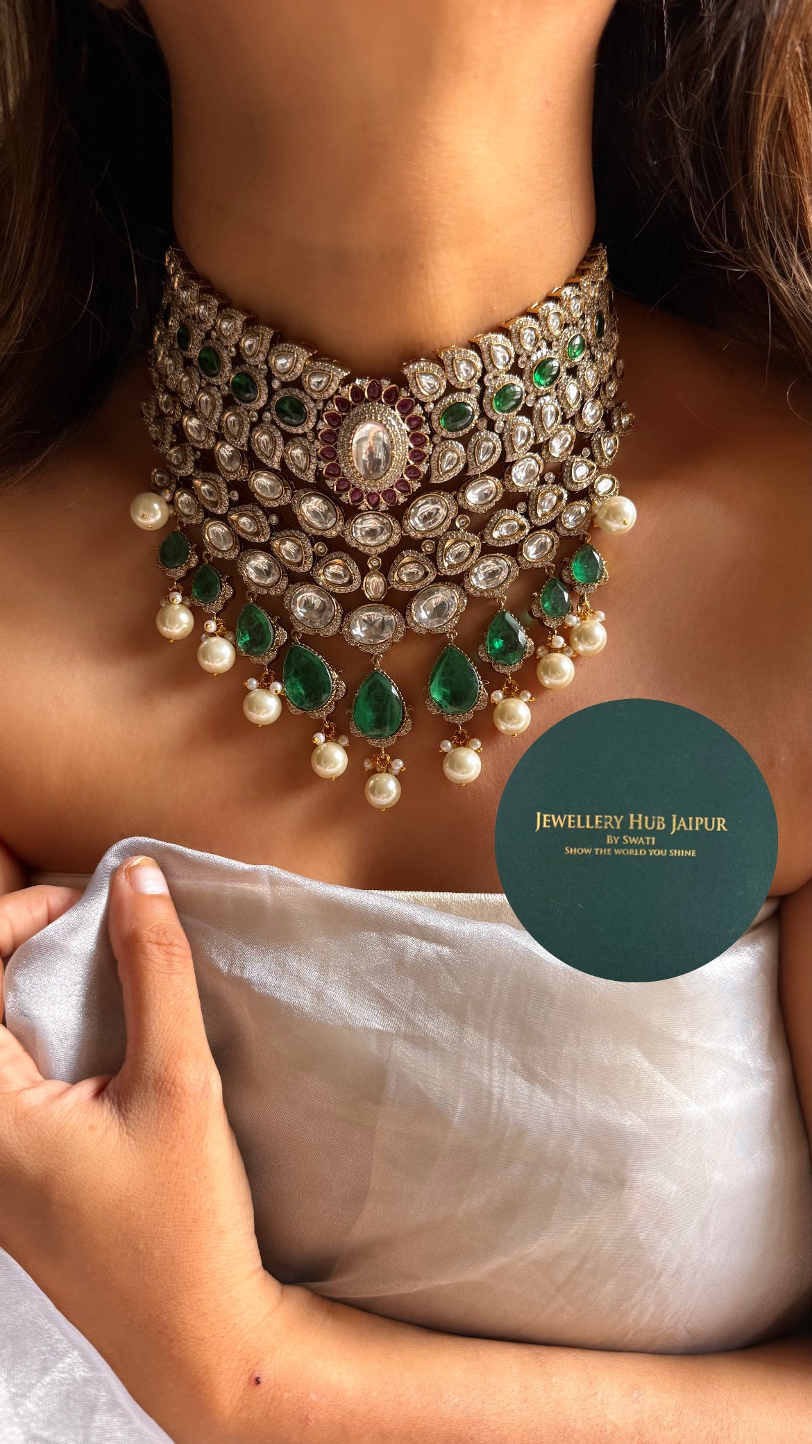Emerald doublet & rani pink moissanite polki Victorian bridal choker set