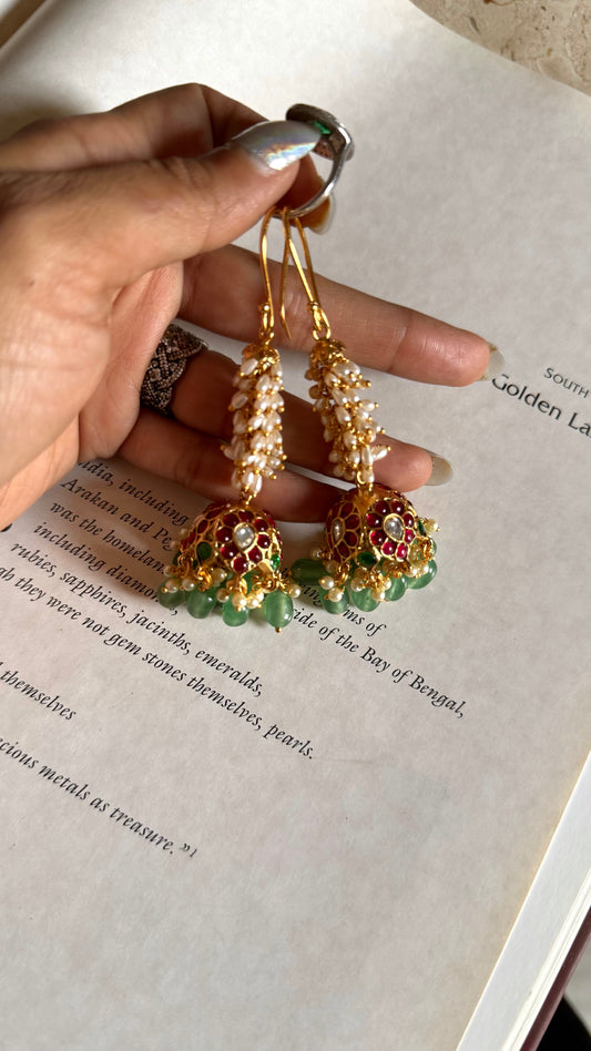 Rajwada ruby & emerald with white gajra earrings