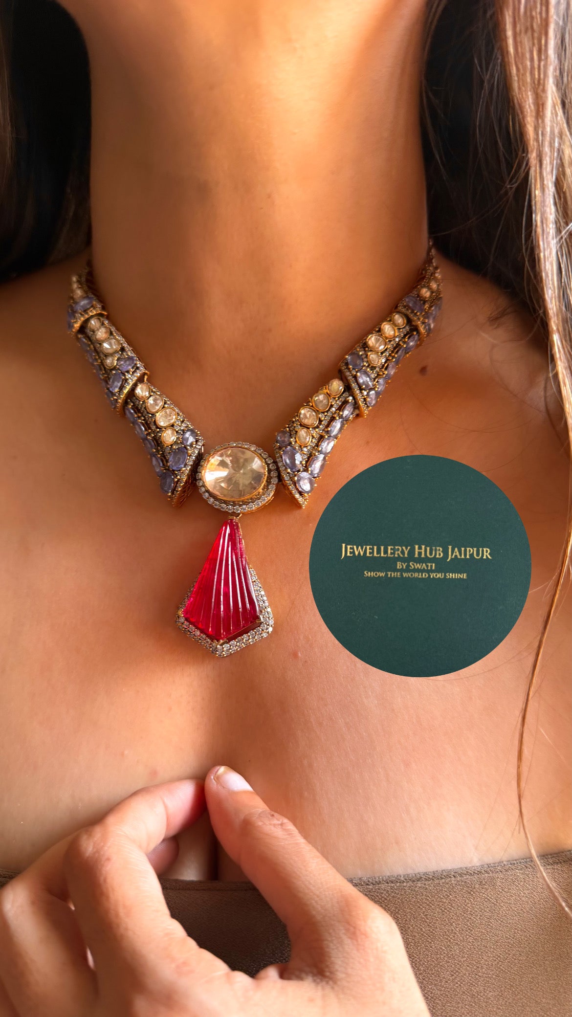 Ruby doublet & tanzanite moissanite designer cocktail collar set
