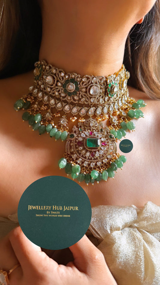 Emerald doublet & Rani pink with mint drops choker set