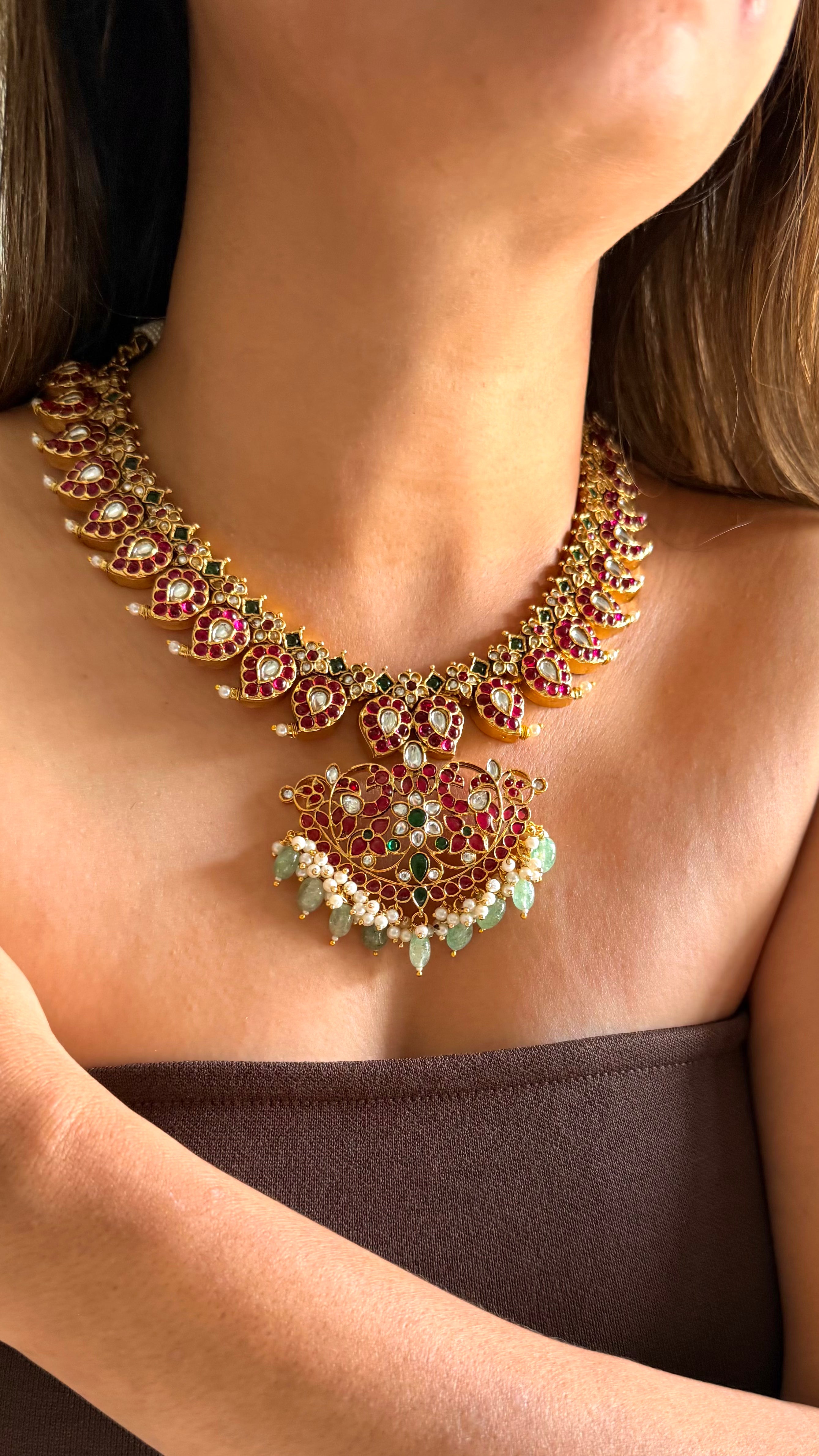Rani pink & mint keri design temple jewellery set