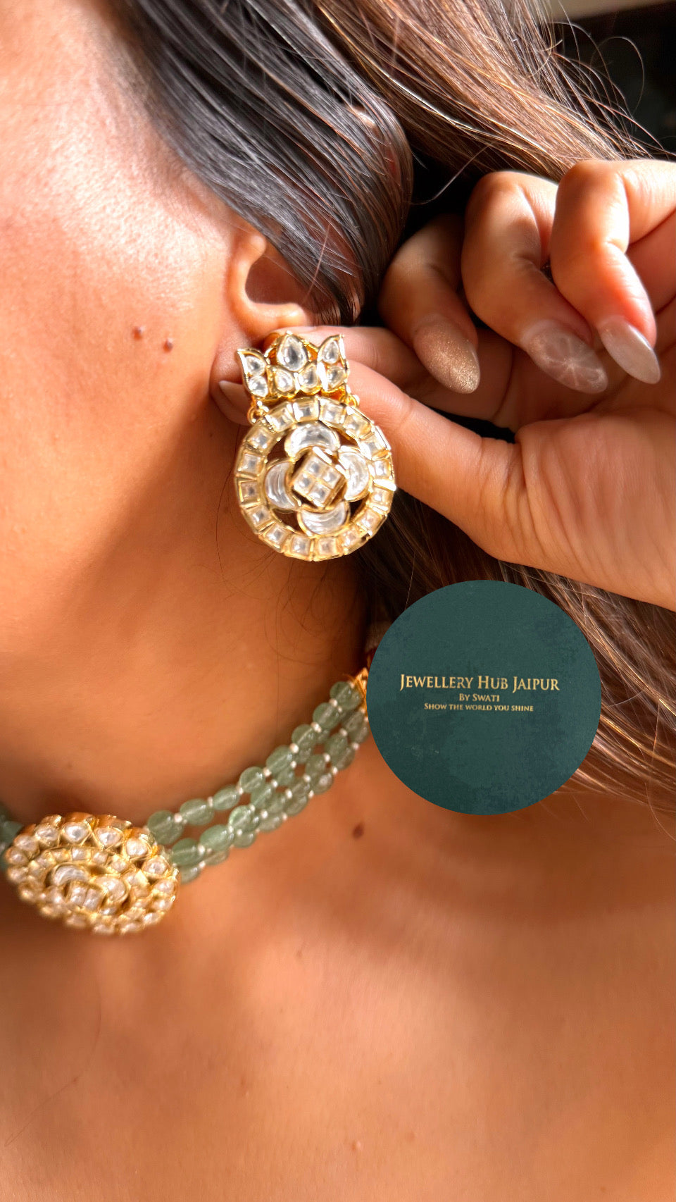 Real Moissanite polki floral mint thread choker set
