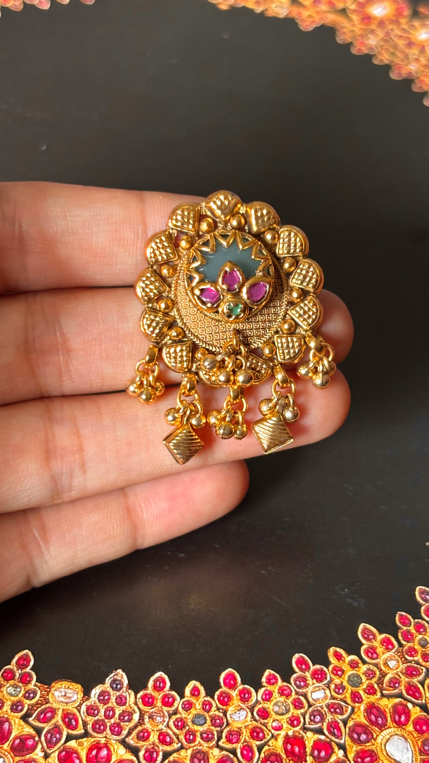 Designer rani pink stone nakashi Rajwadi adjustable ring