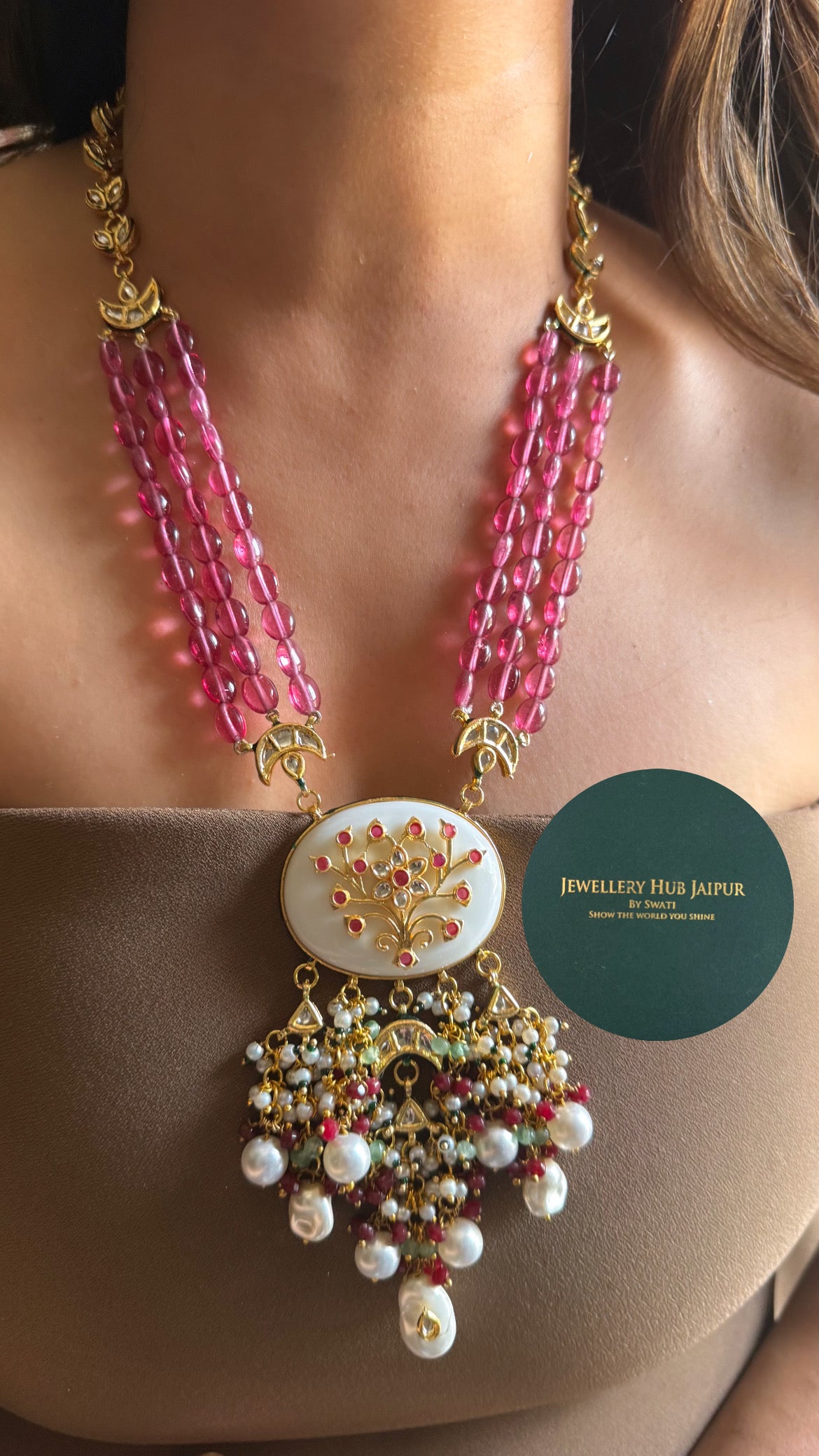 White inlay work & rani pink string meenakari paachi with pearl drop heritage long set