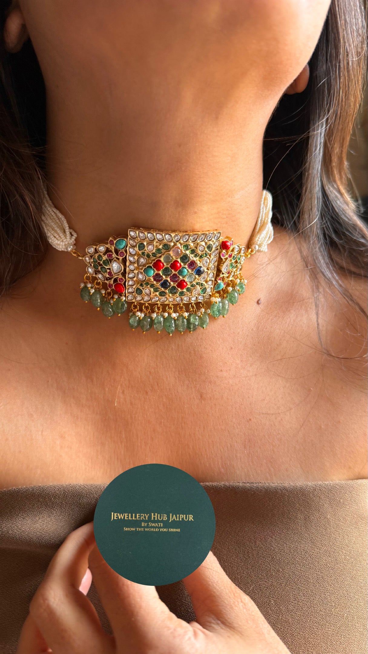 Paachi Kundan Jadaau multicoloured with mint drops  thread choker necklace