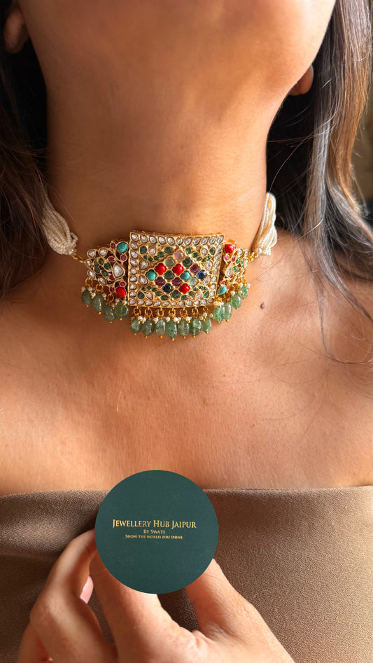 Paachi Kundan Jadaau multicoloured with mint drops  thread choker necklace