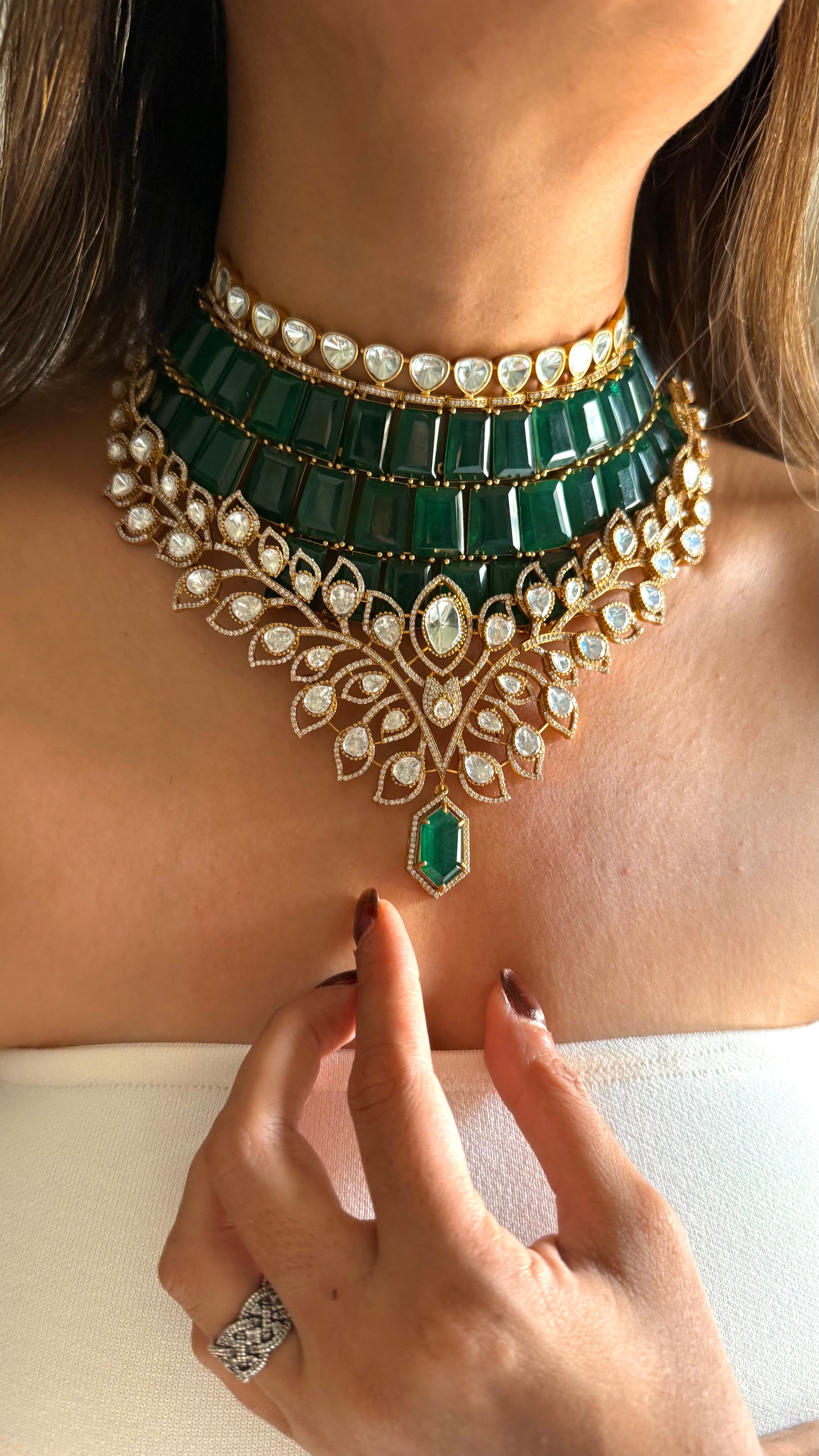 Emerald doublet Moissanite Polki leaves designer choker