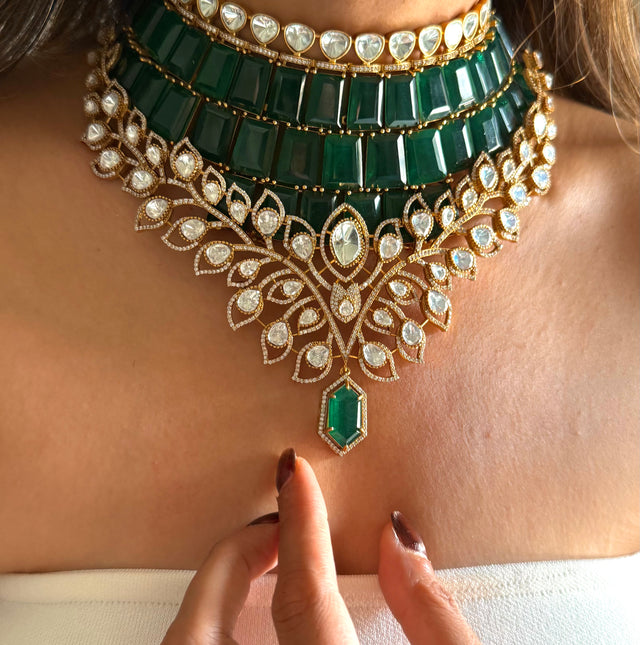 Emerald doublet Moissanite Polki leaves designer choker