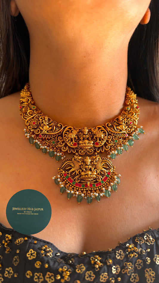 Goddess Laxmi inspired paachi kundan temple necklace with mint drops