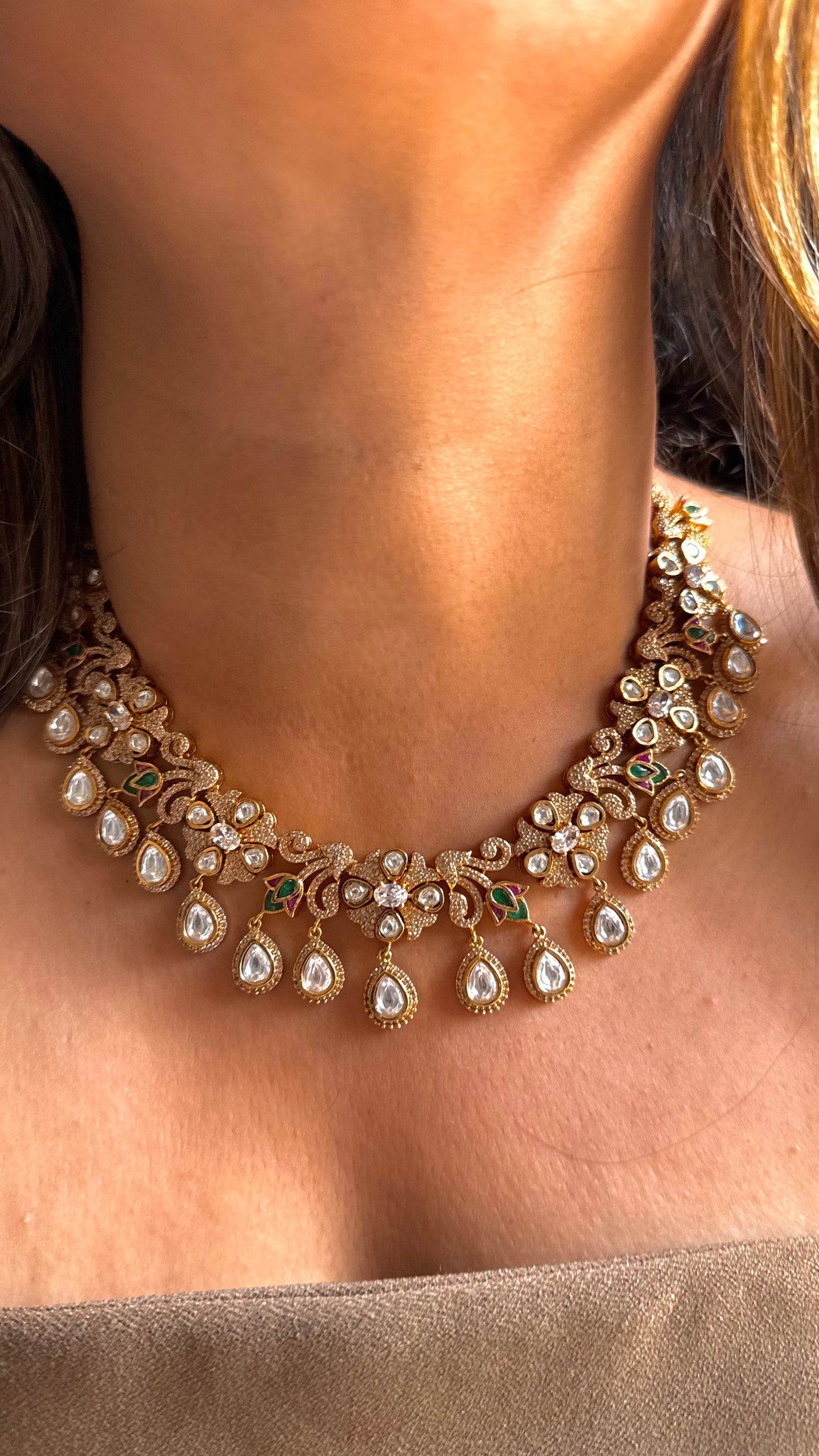 Emerald & Ruby polki drop collar necklace