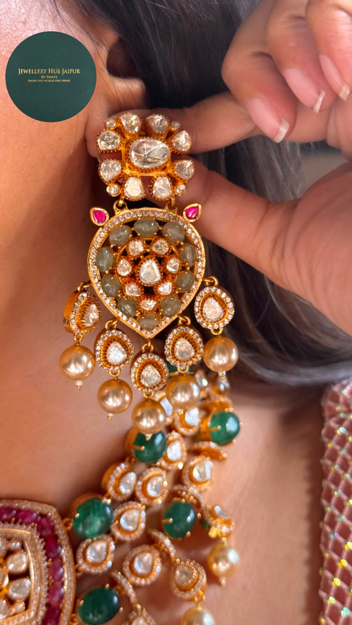 Real moissanite Ruby & Emerald designer polki necklace