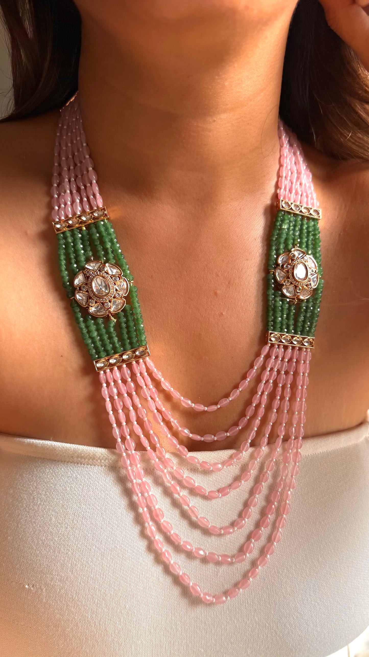 Rose quartz & emerald floral moissanite string