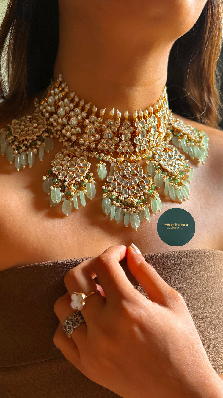 Paachi Heritage Polki paachi kundan with mint drop rajwada set