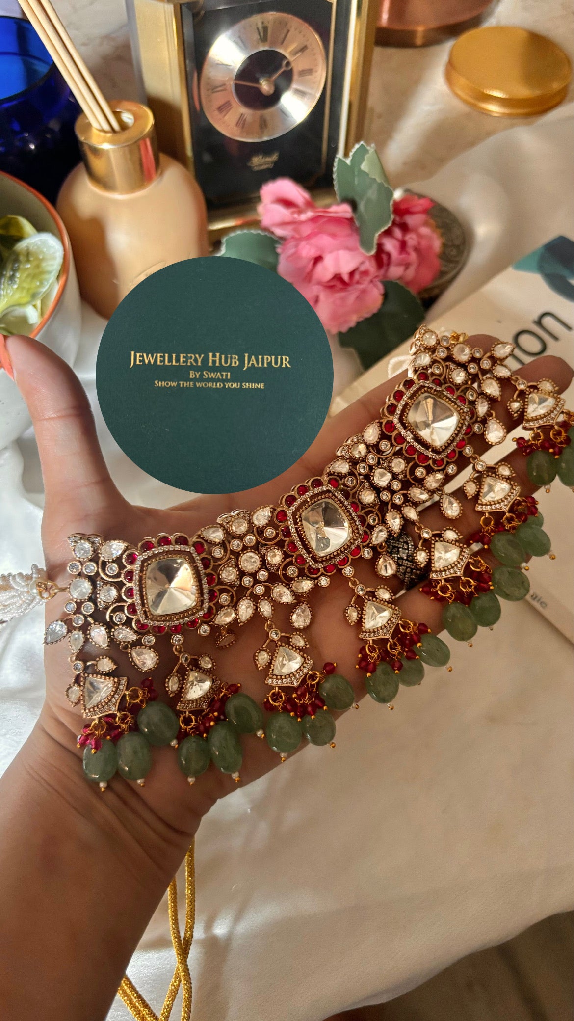 Bridal Asia Rani & mint moissanite uncut polki choker